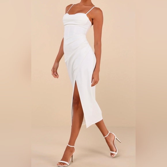 Lulus Always Turning Heads White Bustier Tulip Midi Dress, Size Large - Picture 5 of 11